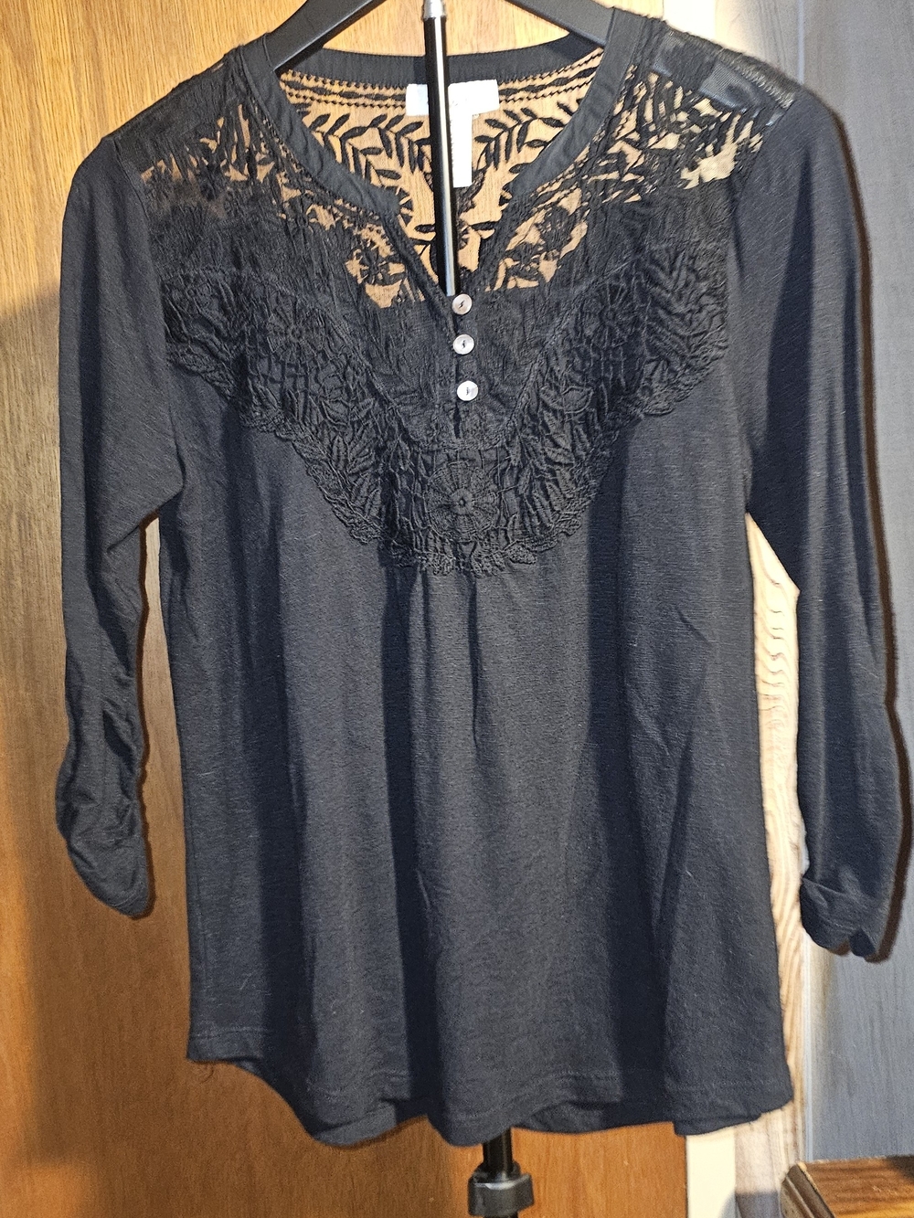 Style & Co. Black Lace Yoke Long Sleeve Petite Top